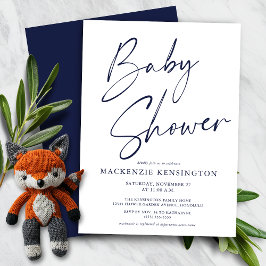 Budget Navy Blue Script Boy Baby Shower Einladung