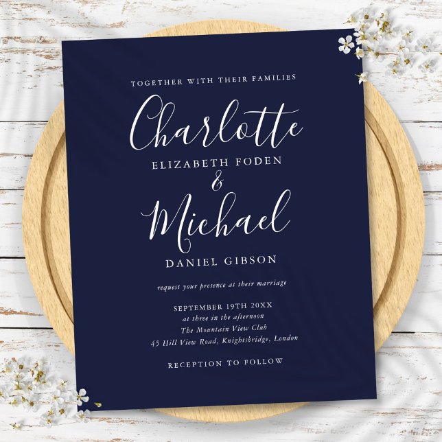 Budget Navy Blue Script Einladung (Budget Navy Blue Script Wedding Invitation)