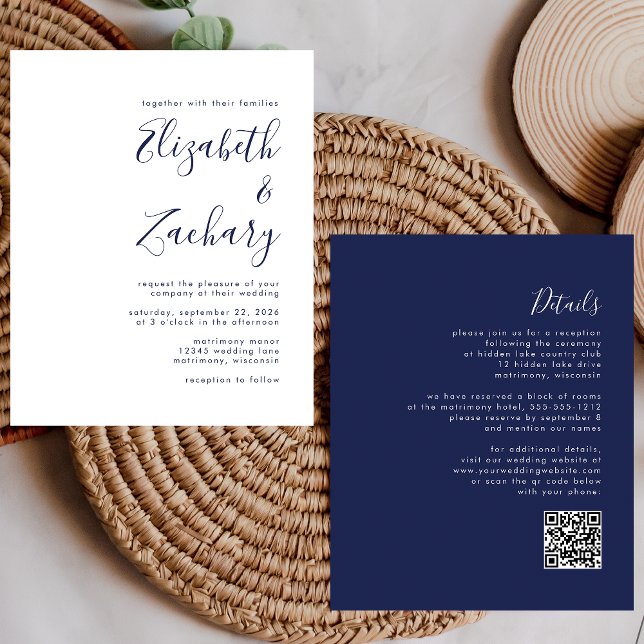 Budget Navy Blue Script QR Code Hochzeit Einladung (Von Creator hochgeladen)