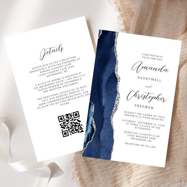 Budget Navy Blue Silver Agate QR Code Hochzeit (Von Creator hochgeladen)