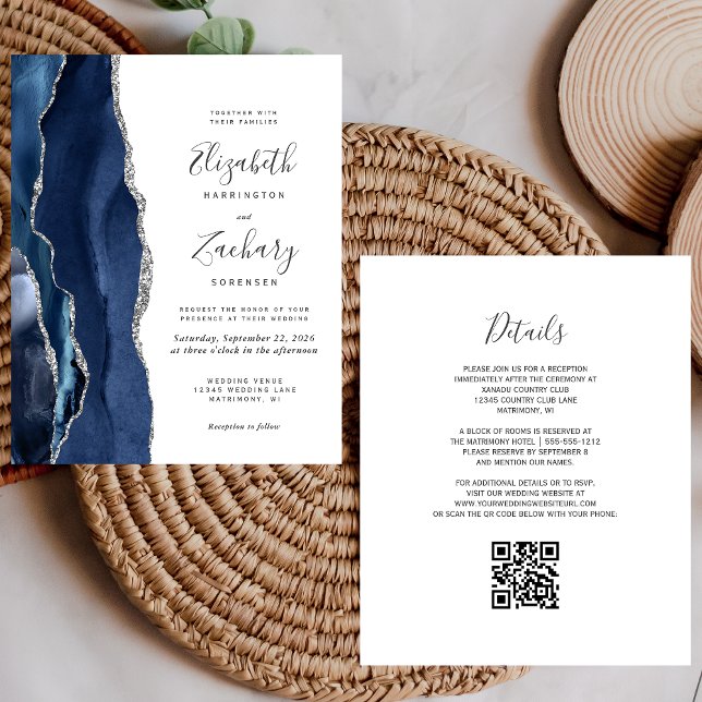Budget Navy Blue Silver Agate QR Code Hochzeit (Von Creator hochgeladen)
