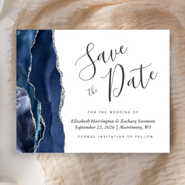 Budget Navy Blue Silver Agate Save the Date (Von Creator hochgeladen)