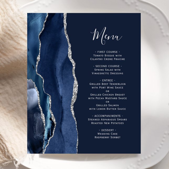Budget Navy Blue Silver Agate Wedding Menü (Von Creator hochgeladen)