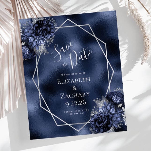 Budget Navy Blue Silver Floral Save the Date (Von Creator hochgeladen)