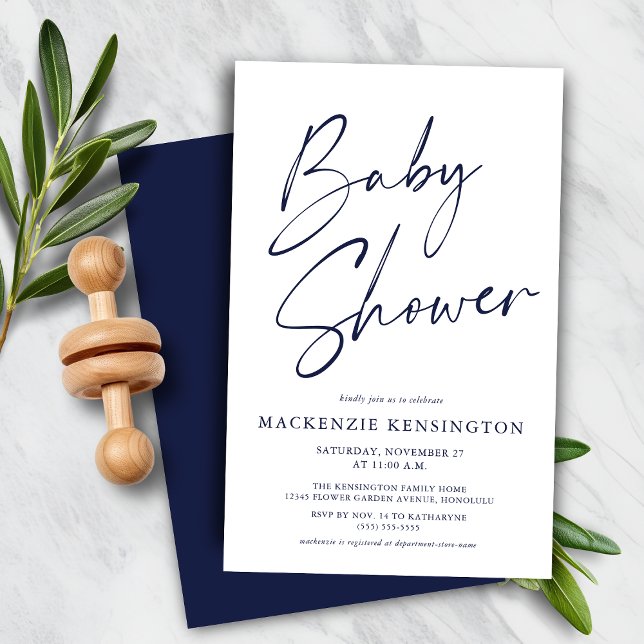 Budget Navy Blue Simple Script Baby Dusche (Budget Navy Blue Simple Script Baby Shower Invite)