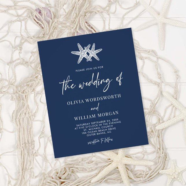 Budget Navy Blue Starfish Hochzeitseinladung Flyer (Von Creator hochgeladen)