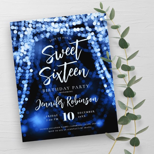 Budget Navy Blue String Lights Sweet 16 Einladung Flyer (Budget Navy Blue String Lights Sweet 16 Invite Flyer)