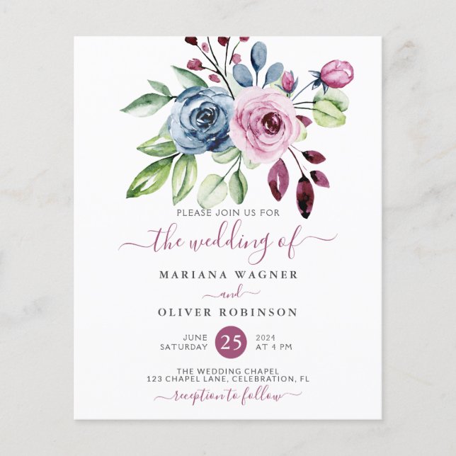Budget Navy Blue Wine Floral Wedding Einladung Flyer (Vorne)