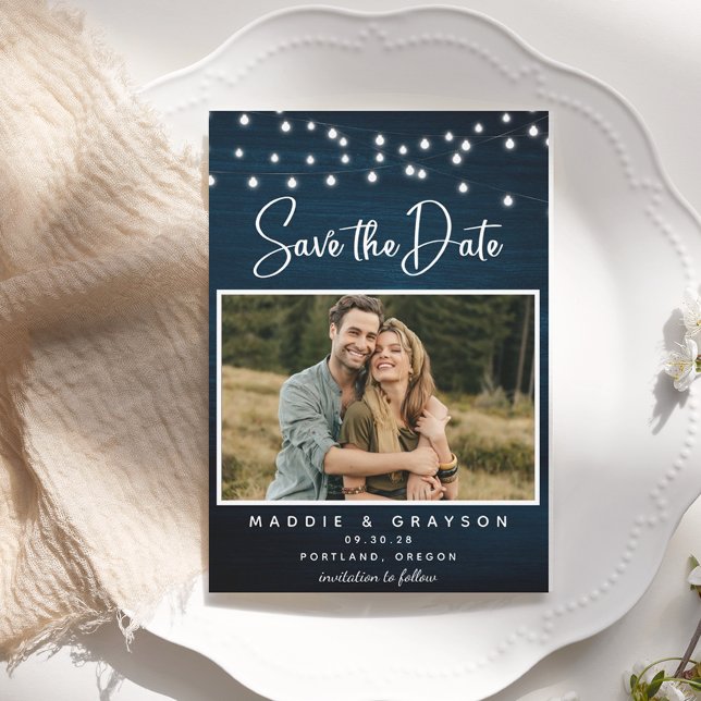 Budget Navy Blue Woods Lights Foto Save the Date Flyer (Von Creator hochgeladen)