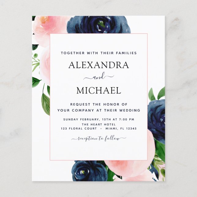 Budget Navy Blush Pink Blues Hochzeit Flyer (Vorne)