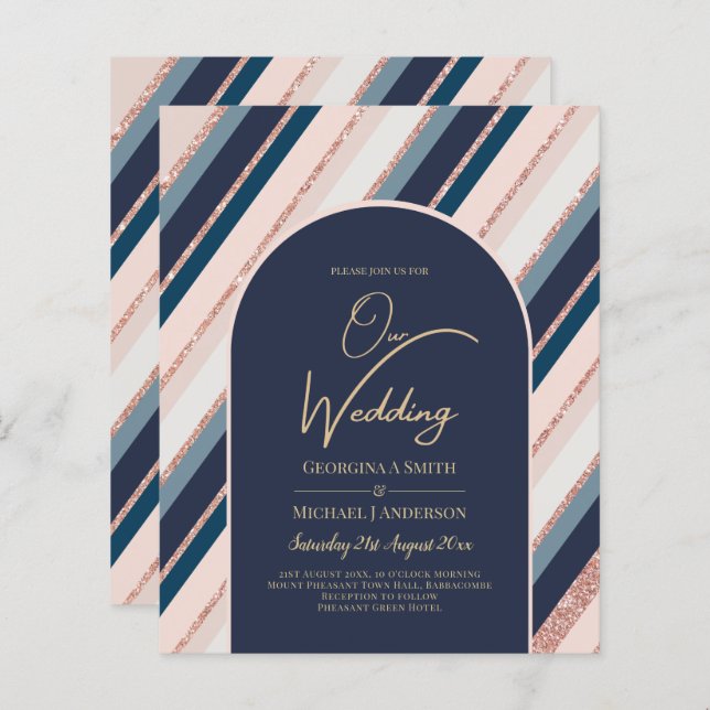 BUDGET Navy Blush Pink Rose Gold Hochzeit INVITE (Vorne/Hinten)