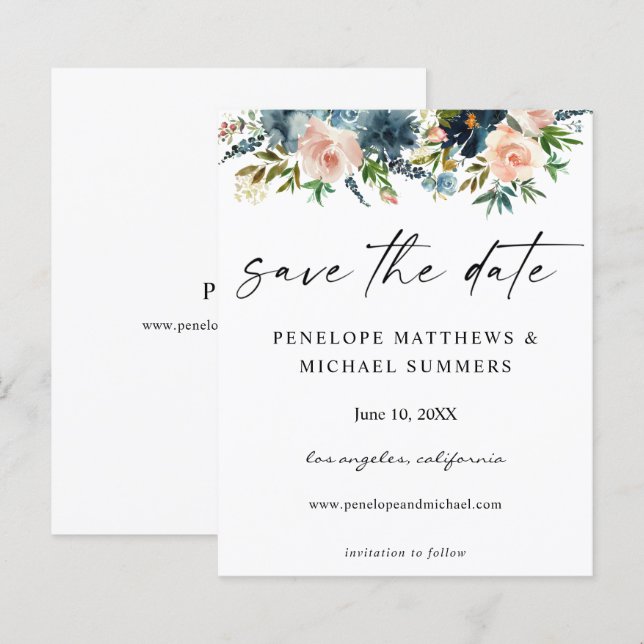 Budget Navy D Blue & Pink Floral Save the Date V2 (Vorne/Hinten)