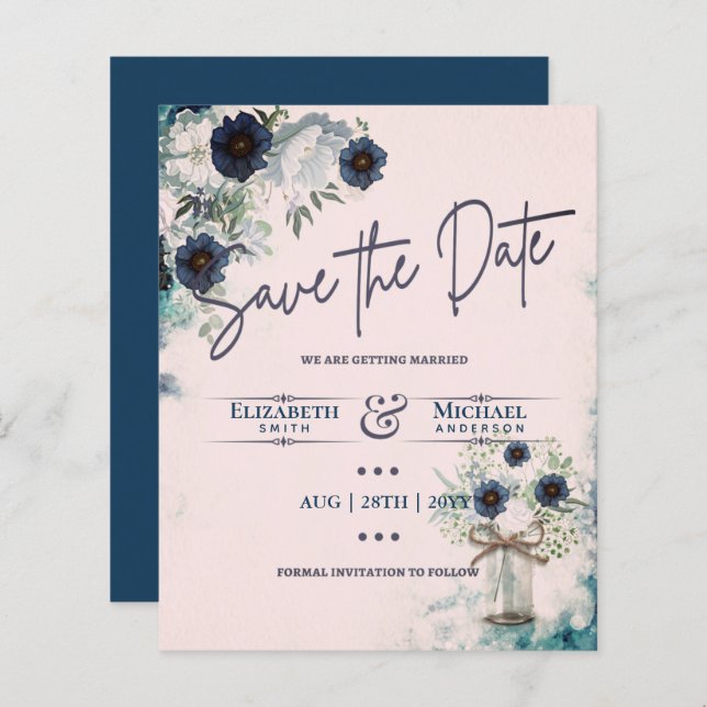 Budget Navy Dusty Blue Floral Rustic Hochzeit (Vorne/Hinten)