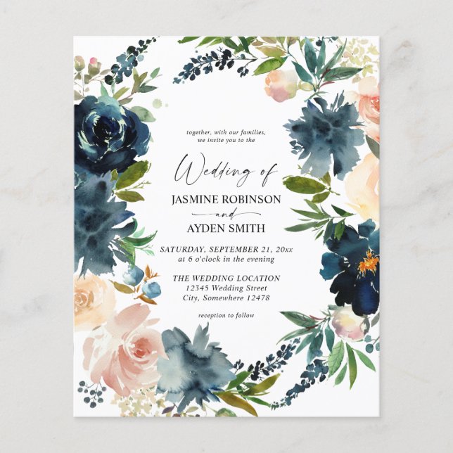 Budget Navy Dusty Blue & Pink Blush Wedding Flyer (Vorne)