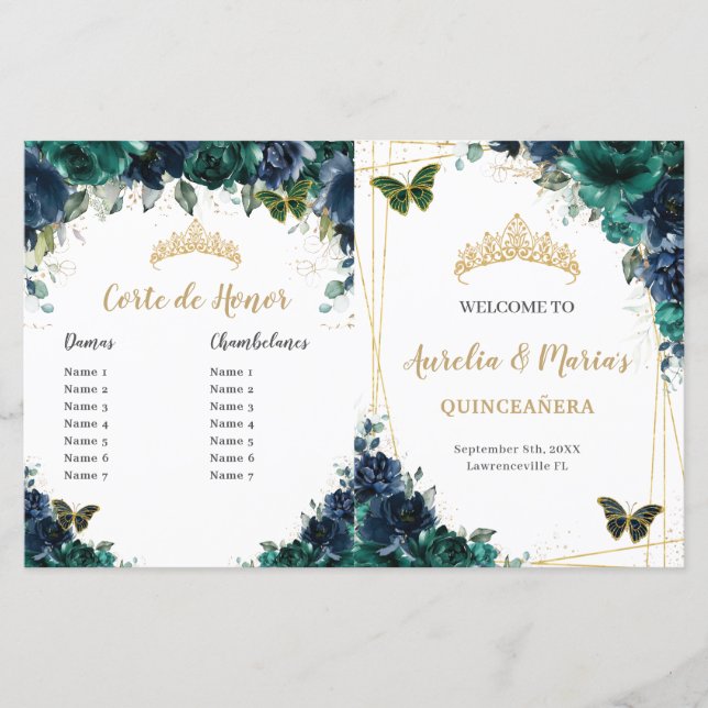 Budget Navy Emerald Floral Quinceañera Programm (Vorderseite)
