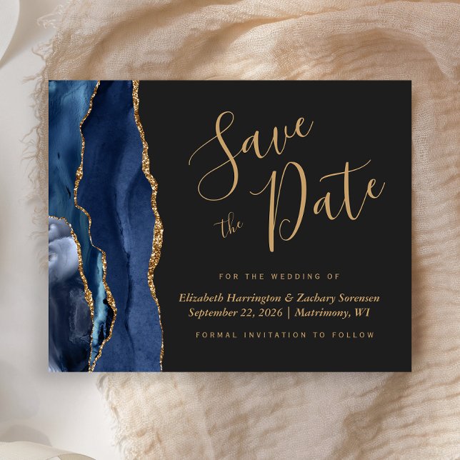 Budget Navy Gold Agate Dark Wedding Save the Date (Von Creator hochgeladen)