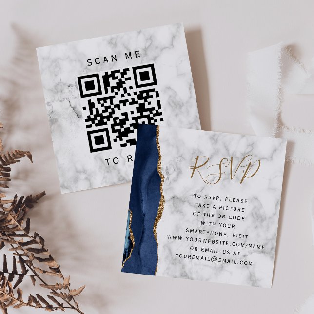 Budget Navy Gold Agate Marble Wedding QR Code UAWG Begleitkarte (Von Creator hochgeladen)