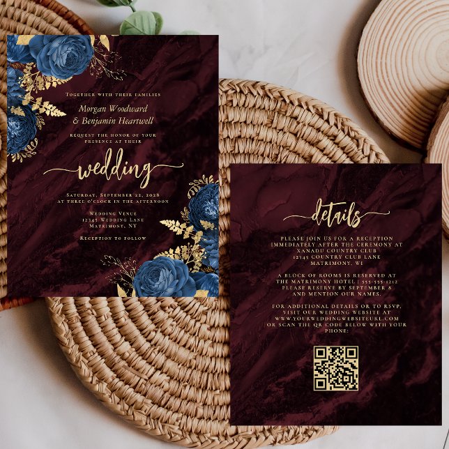 Budget Navy Gold Blumen Burgund QR Code Hochzeit (Von Creator hochgeladen)