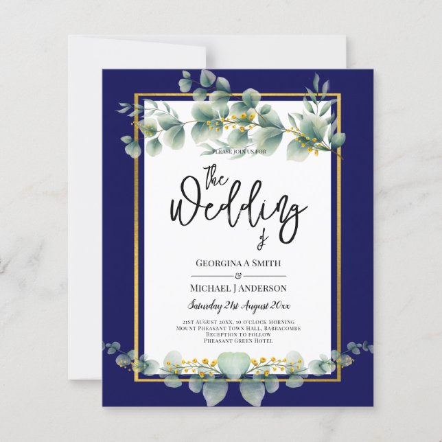 BUDGET NAVY GOLD Eucalyptus Wedding Einladung QR C (Vorderseite)