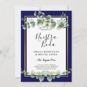 BUDGET NAVY GOLD Eucalyptus Wedding Einladung QR C