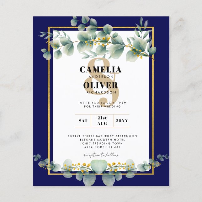 BUDGET NAVY GOLD Eucalyptus Wedding Einladung QR C Flyer (Vorne)