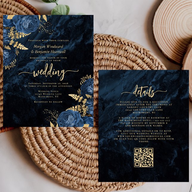 Budget Navy Gold Floral QR Code Hochzeit einladen (Von Creator hochgeladen)