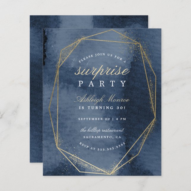 Budget Navy & Gold Geometric Frame Surprise Party (Vorne/Hinten)