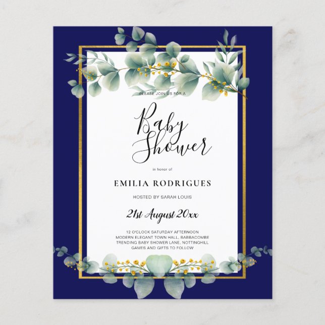 BUDGET NAVY GOLD Greenery Eucalyptus BABY SHOWER Flyer (Vorne)