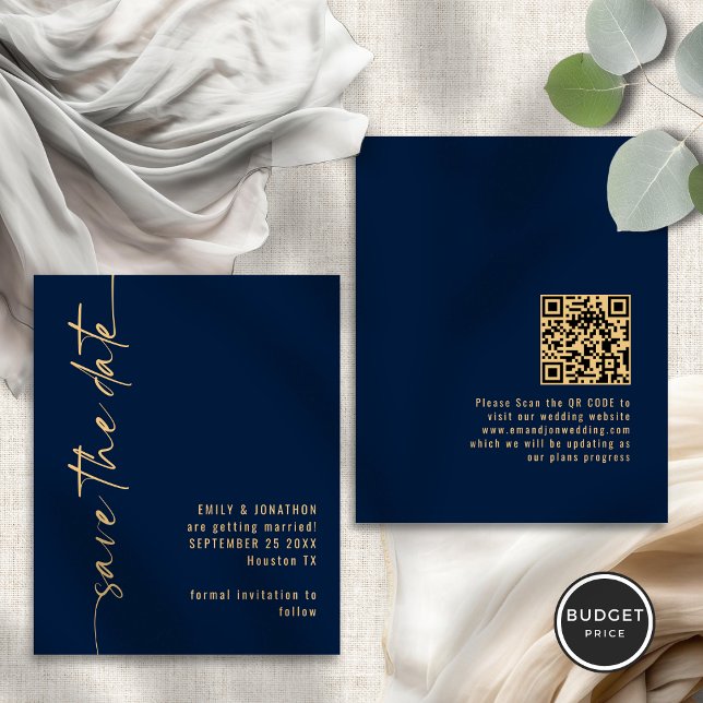 Budget Navy Gold Script QR Hochzeit speichern das  (Front and back view)