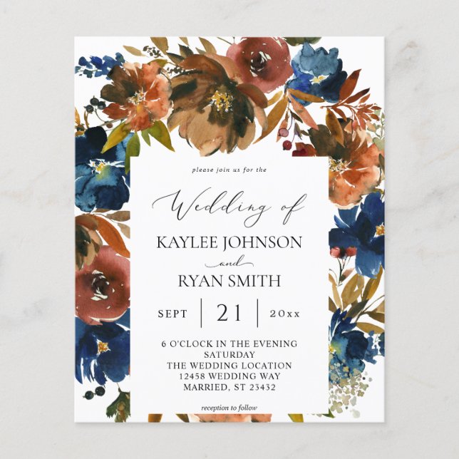 Budget Navy, Orange & Brown Floral 2 Hochzeitspapi (Vorderseite)