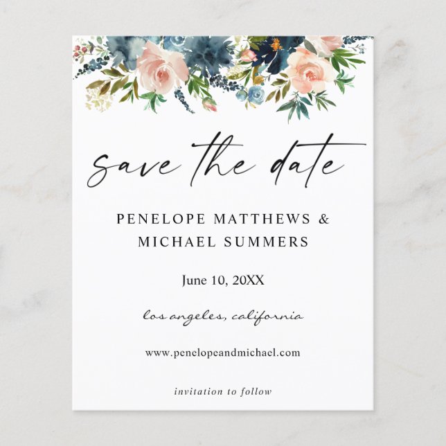 Budget Navy & Pink Floral Save the Date V2 Foto Flyer (Vorne)