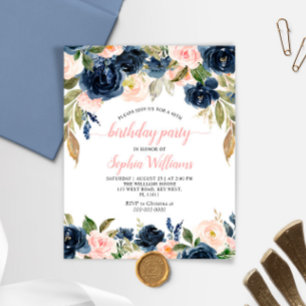Budget Navy & Pink Roses Geburtstagsparty Einladun