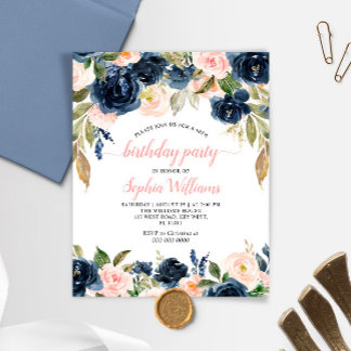 Budget Navy & Pink Roses Geburtstagsparty Einladun