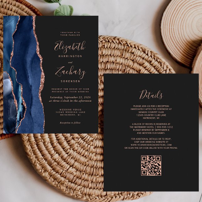 Budget Navy Rose Gold Agate Dark QR Code Hochzeit (Von Creator hochgeladen)