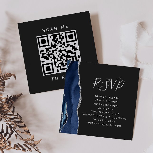 Budget Navy Silver Agate Dark Wedding QR Code UAWG Begleitkarte (Von Creator hochgeladen)