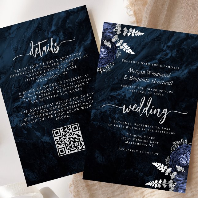 Budget Navy Silver Floral QR Code Wedding Invite (Von Creator hochgeladen)