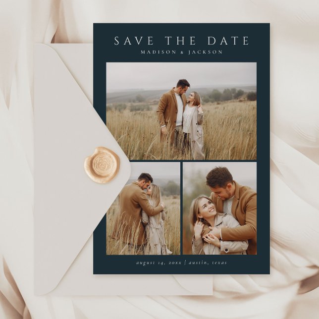 Budget Navy Simple Eleganto Modern Four Foto Save The Date (Von Creator hochgeladen)