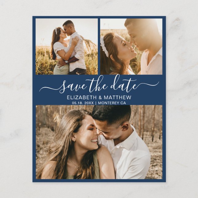 Budget Navy und White Script Foto Save the Date (Vorderseite)