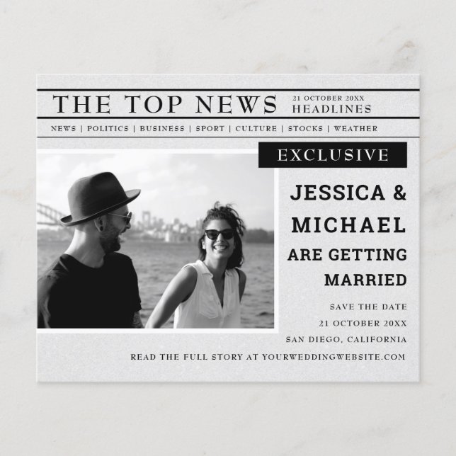 Budget Newspaper Schwarz-weißes Foto Save the Date (Vorderseite)