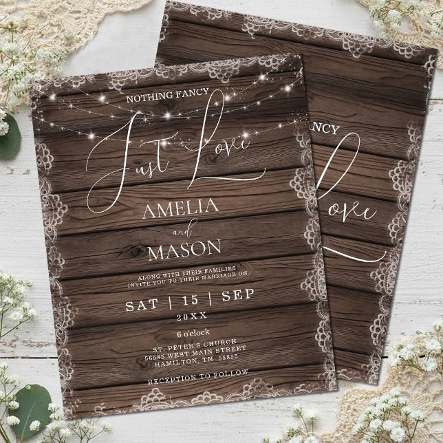 Budget Nichts Extravagant nur Liebe Rustikale Hoch (Budget Nothing Fancy Just Love Rustic Wood and Lace with String Lights Wedding Invitation)