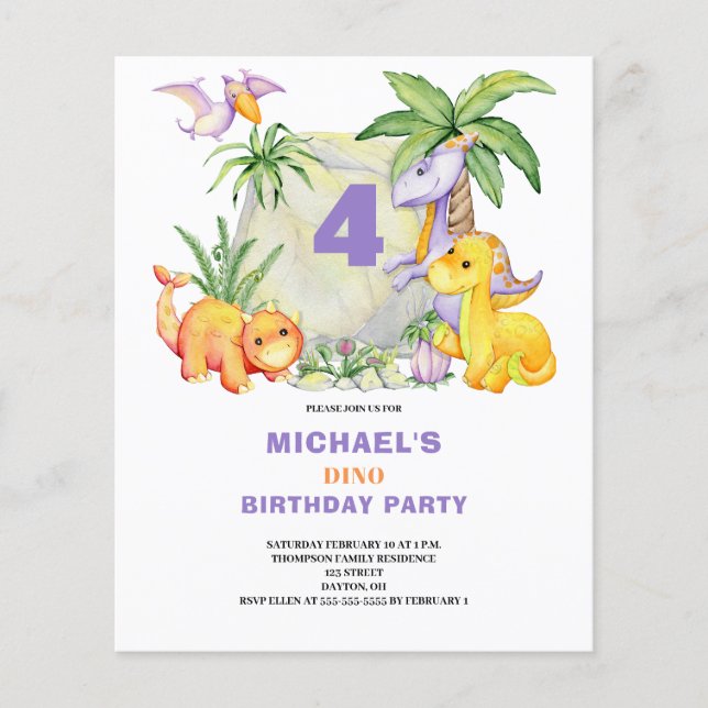 Budget Niedlich Dinosaurier 4. Geburtstag Einladun (Vorderseite)