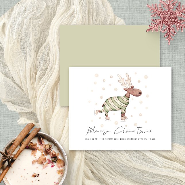 Budget Niedliche Skaten Reindeer Frohe Weihnachten (Front and back view. Budget price 4.5 x 5.6" alternative)