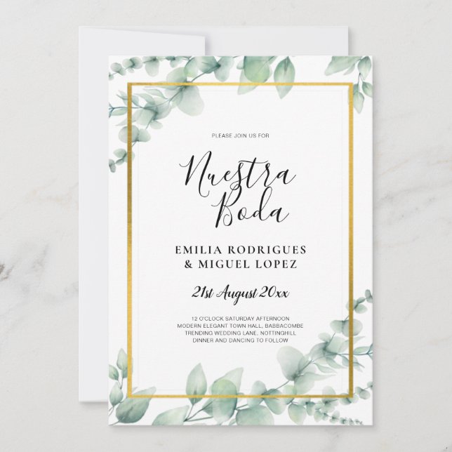 BUDGET NUESTRA BODA Eucalyptus GOLD QR CODE Flye Einladung (Vorderseite)