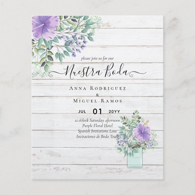 Budget Nuestra Boda Lila Floral Einladungen Flyer (Vorne)