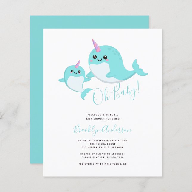 Budget Oh Baby Narwhal Baby Dusche Einladung (Vorne/Hinten)