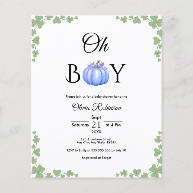 Budget Oh Boy Blue Pumpkin Fall Baby Dusche einlad (Vorderseite)