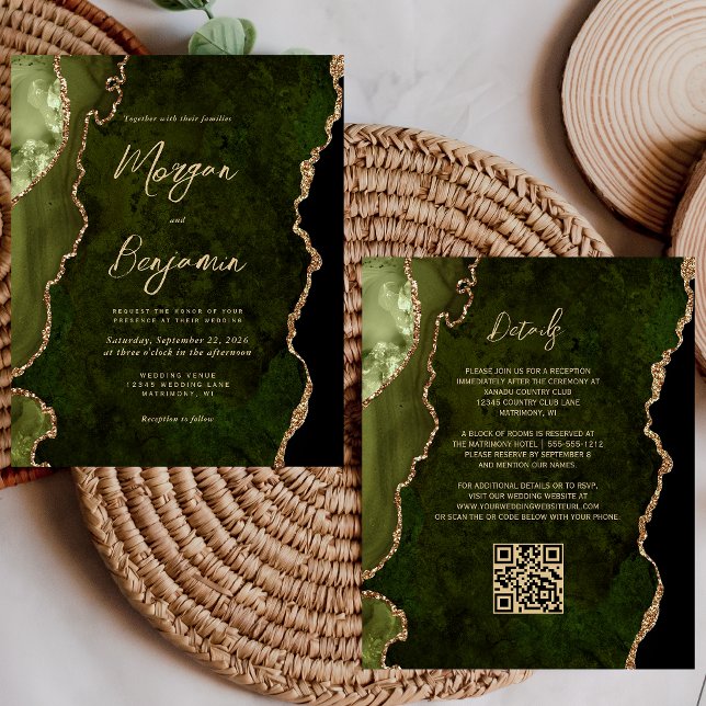 Budget Olive Green Agate Script QR Code Wedding (Von Creator hochgeladen)