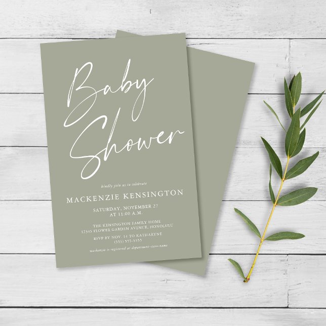 Budget Olive Sage Green Script Baby Dusche FLYER (Von Creator hochgeladen)