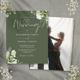 Budget Oliven Grün Florales Foto Hochzeits Einladu