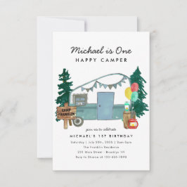 Budget One Happy Camper Trees Camping 1. Geburtsta Mitteilungskarte
